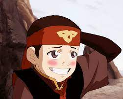 In this picture, we see a bashful Aang in full fire nation army regalia.