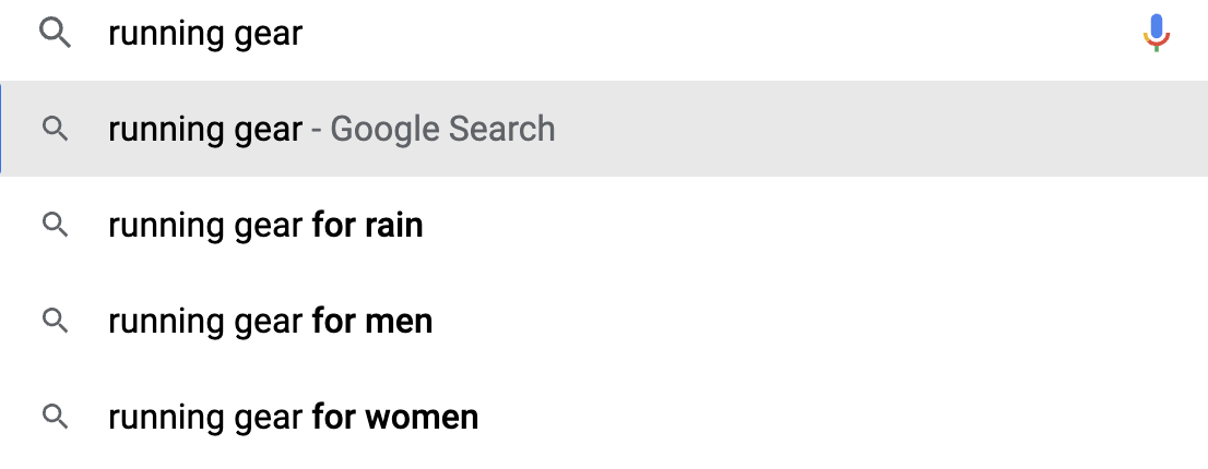 Google Search suggestions for "running gear" keyword