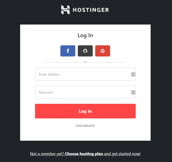 Hostinger log in screen