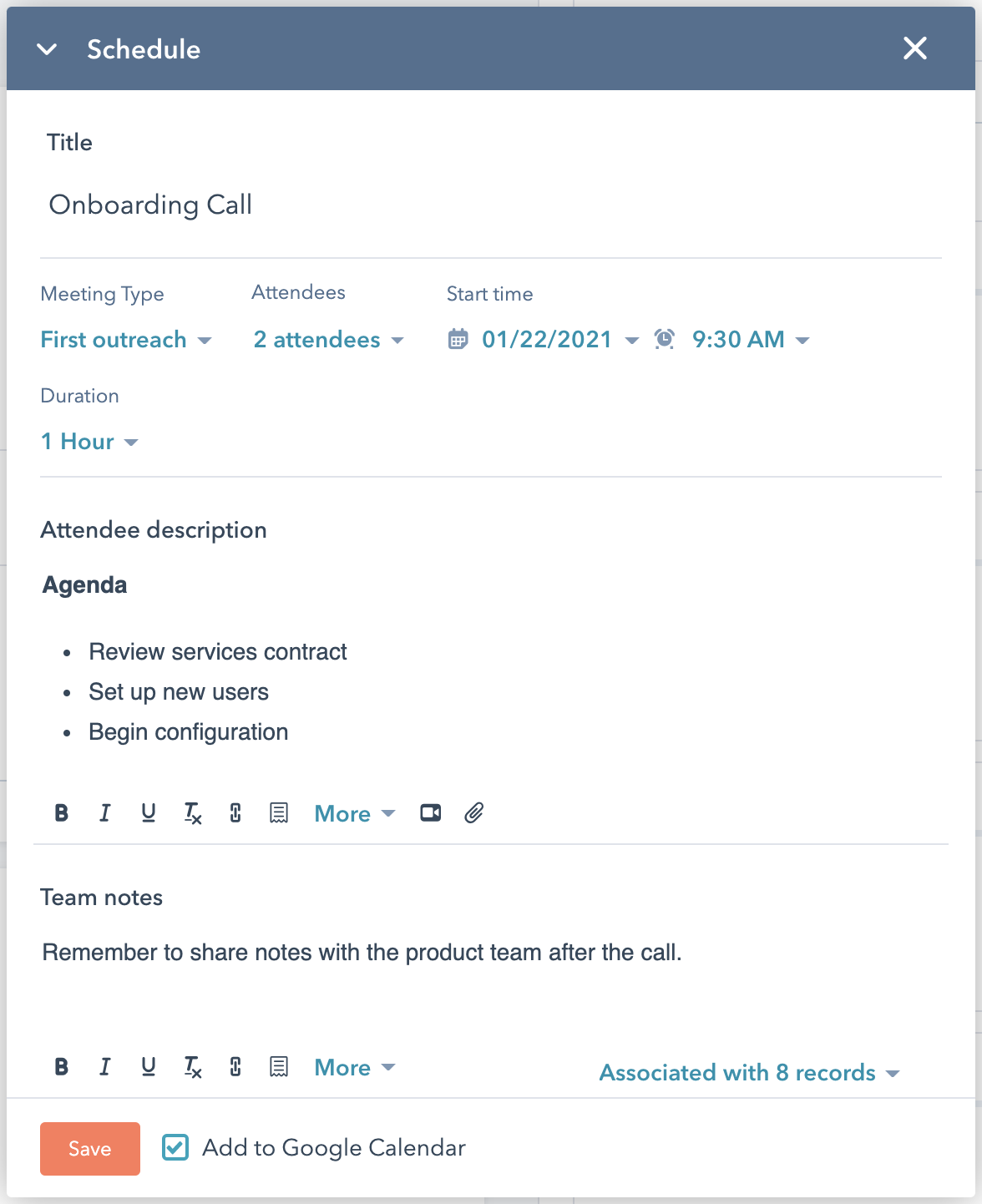 Screenshot of internal-only notes log within HubSpot