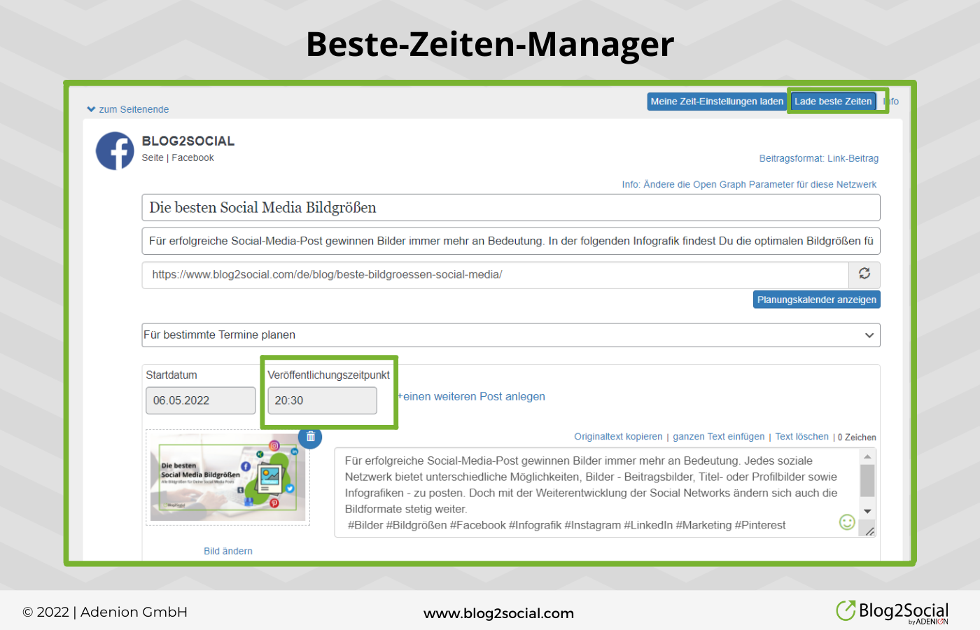 Zeit sparen mit Blog2Social: Beste-Zeiten-Manager