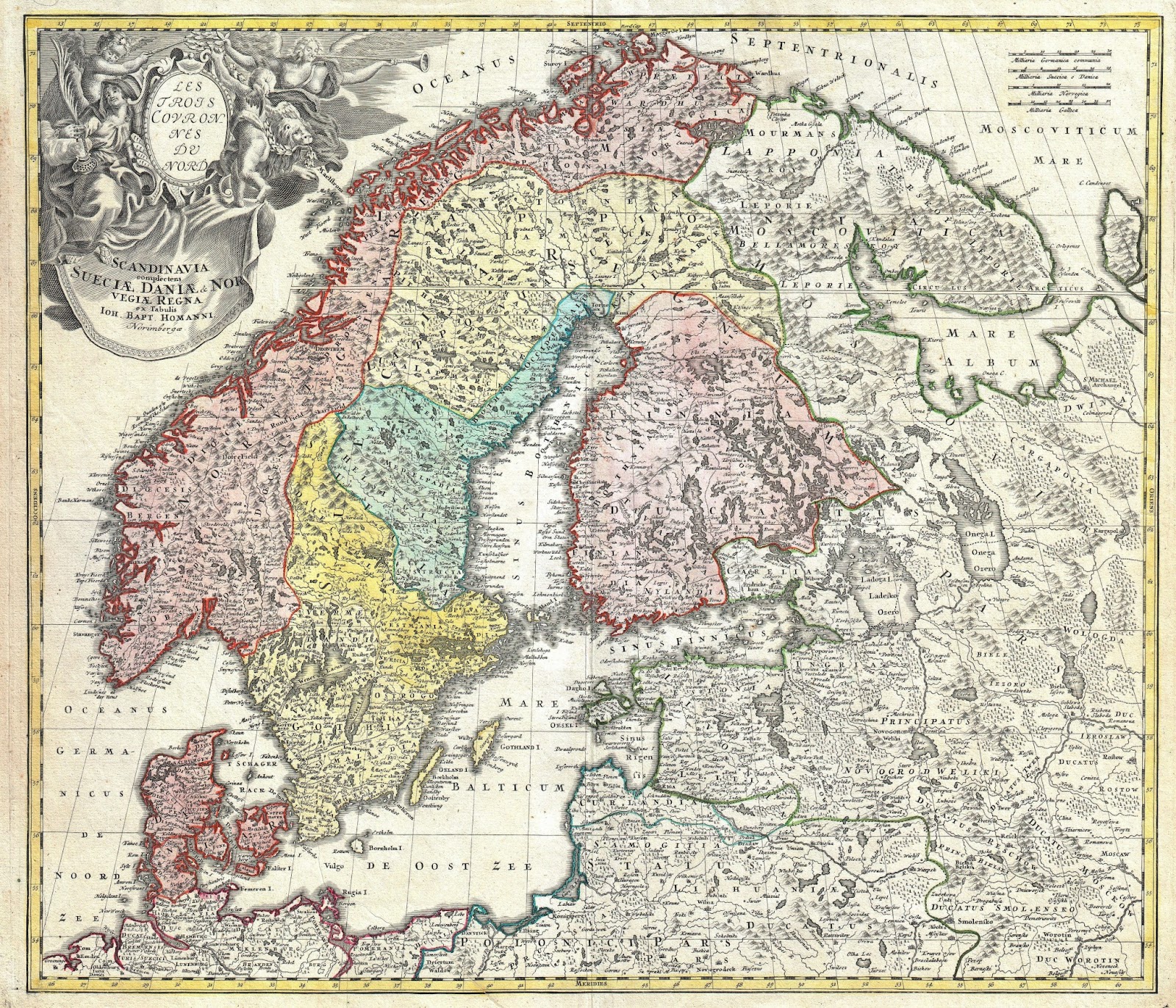 Homann's map of the Scandinavian Peninsula and Fennoscandia with their surrounding territories: northern Germany, northern Poland, the Baltic region, Livonia, Belarus, and parts of Northwest Russia. Johann Baptist Homann (1664–1724) was a German geographer and cartographer; map dated around 1730.