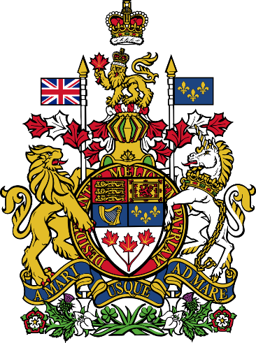 At the top there is a rendition of St. Edward's Crown, with the crest of a crowned gold lion standing on a twisted wreath of red and white silk and holding a maple leaf in its right paw underneath. The lion is standing on top of a helm, which is above the escutcheon, ribbon, motto, and compartment. There is a supporter on either side of the escutcheon and ribbon; an English lion on the left and a Scottish unicorn on the right.