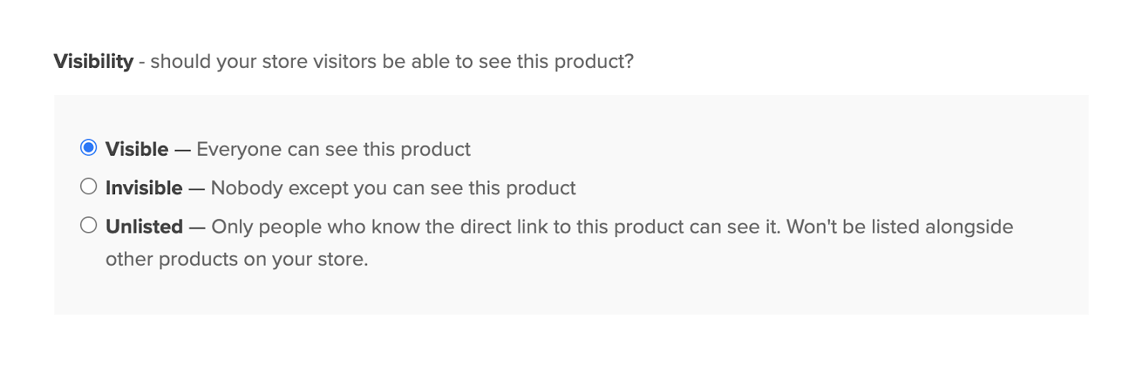The "Visibility" section for a product on Payhip