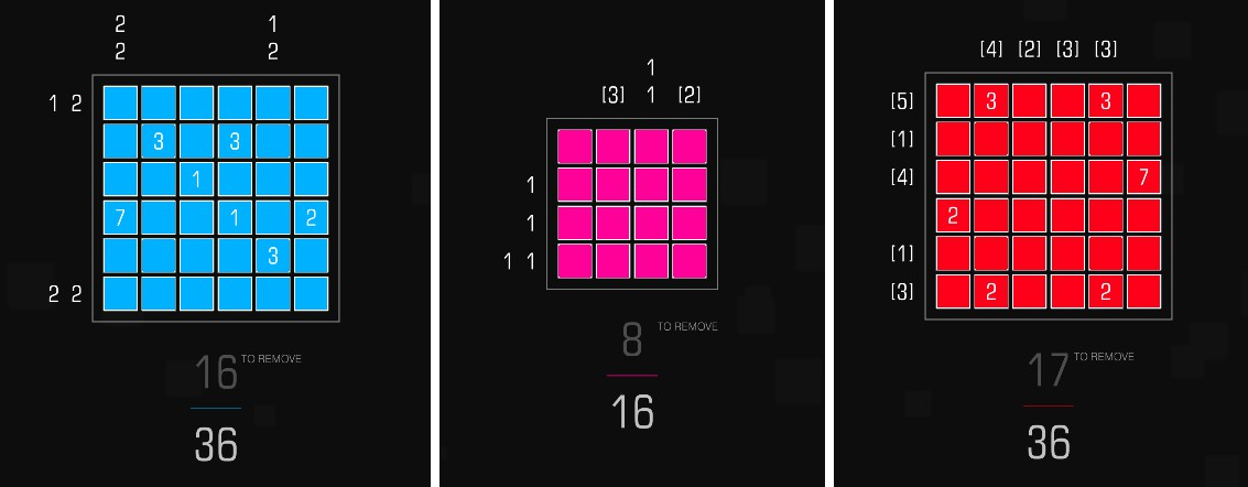 Three grid-based puzzles against a black background, each of them a square composed of squares. The left one is blue and 6 squares across, the middle one is pink and 4 squares across, the right one is red and 6 squares across.