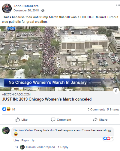 Facebook post by Catanzara with a link to the cancellation of the 2019 Women's March in Chicago