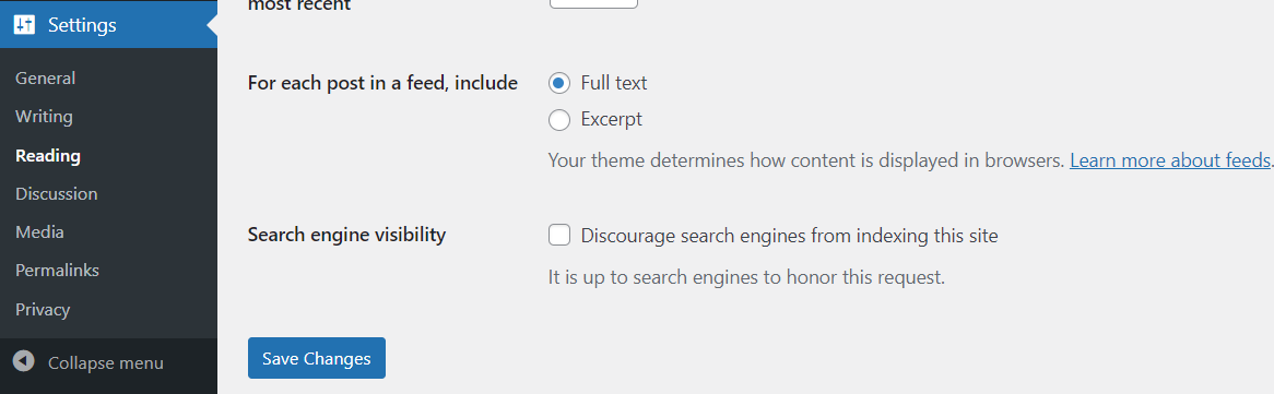 Discourage indexing settings WordPress
