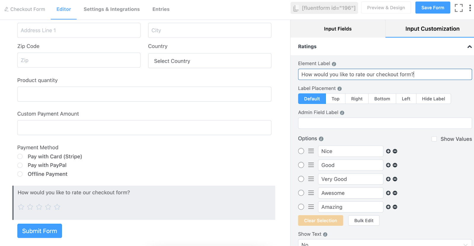 Fluent Forms' rating field, form editor