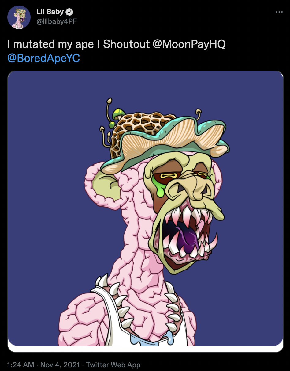 A tweet from rapper Lil Baby announcing that he mutated his Bored Ape via MoonPay during ApeFest.