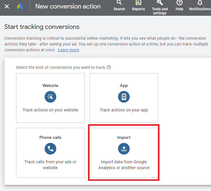 Google Ads New conversion action