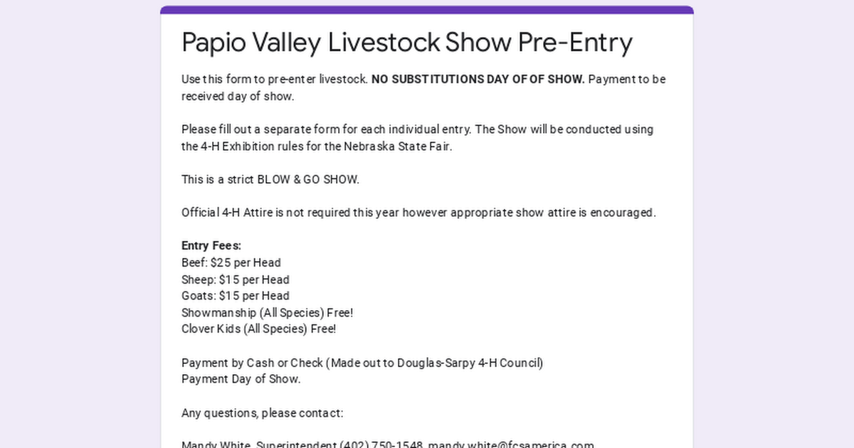 Papio Valley Livestock Show Pre-Entry