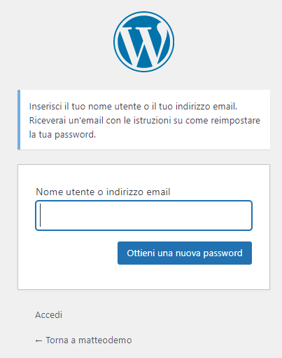 Pagina WordPress password dimenticata