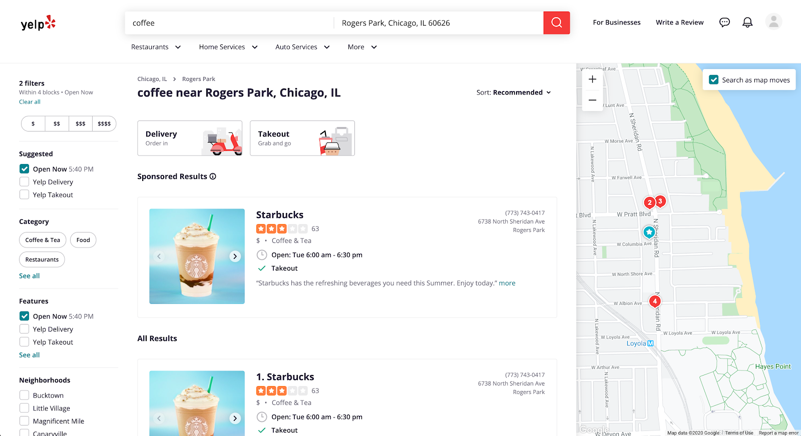 Screenshot of Yelp's coffee shops in Roger's Park mapped out