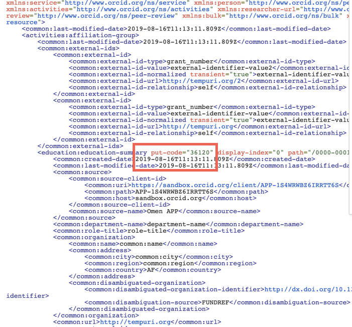 Detailed view of Google OAuth Playground response for successful education affiliation POST request showing put-code