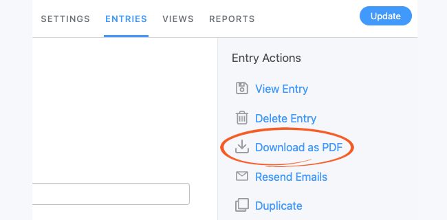 In the Form Entries, select Download as PDF
