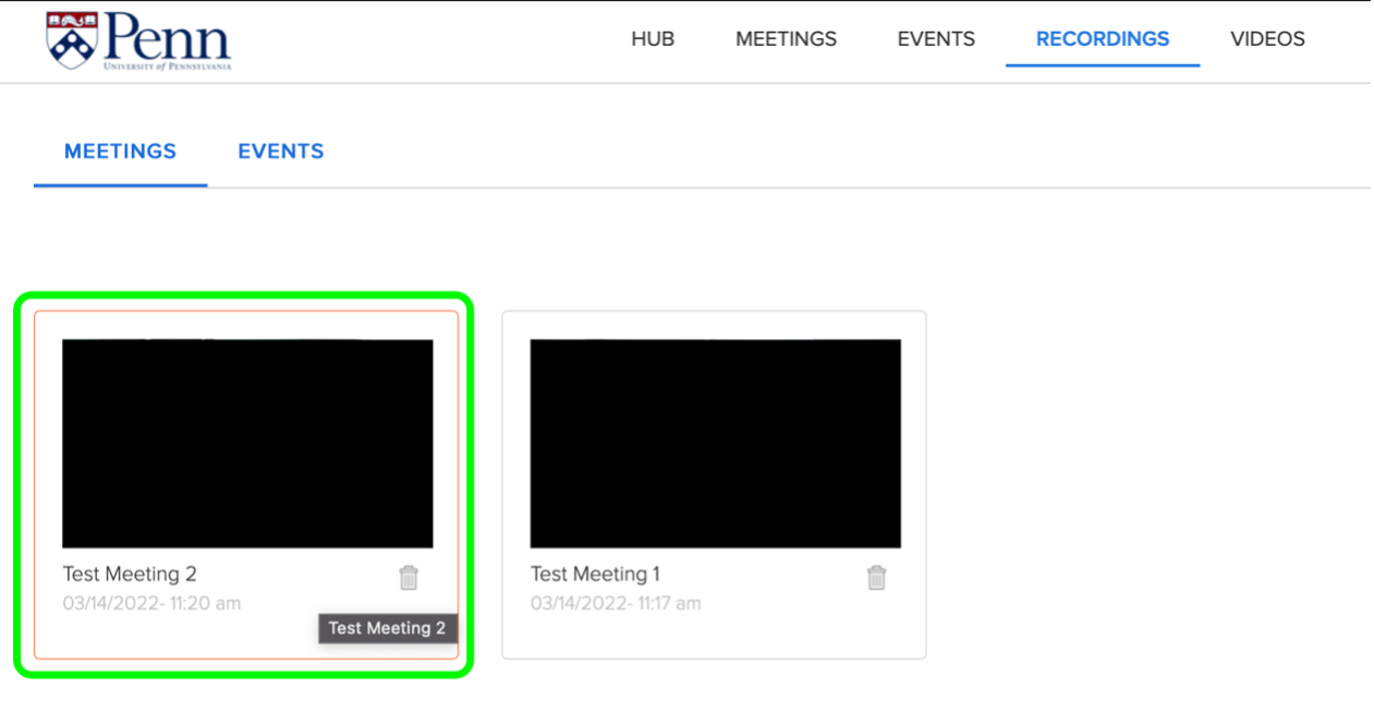 Screenshot of the Recordings page in BlueJeans. A video in the Meetings tab is highlighted.