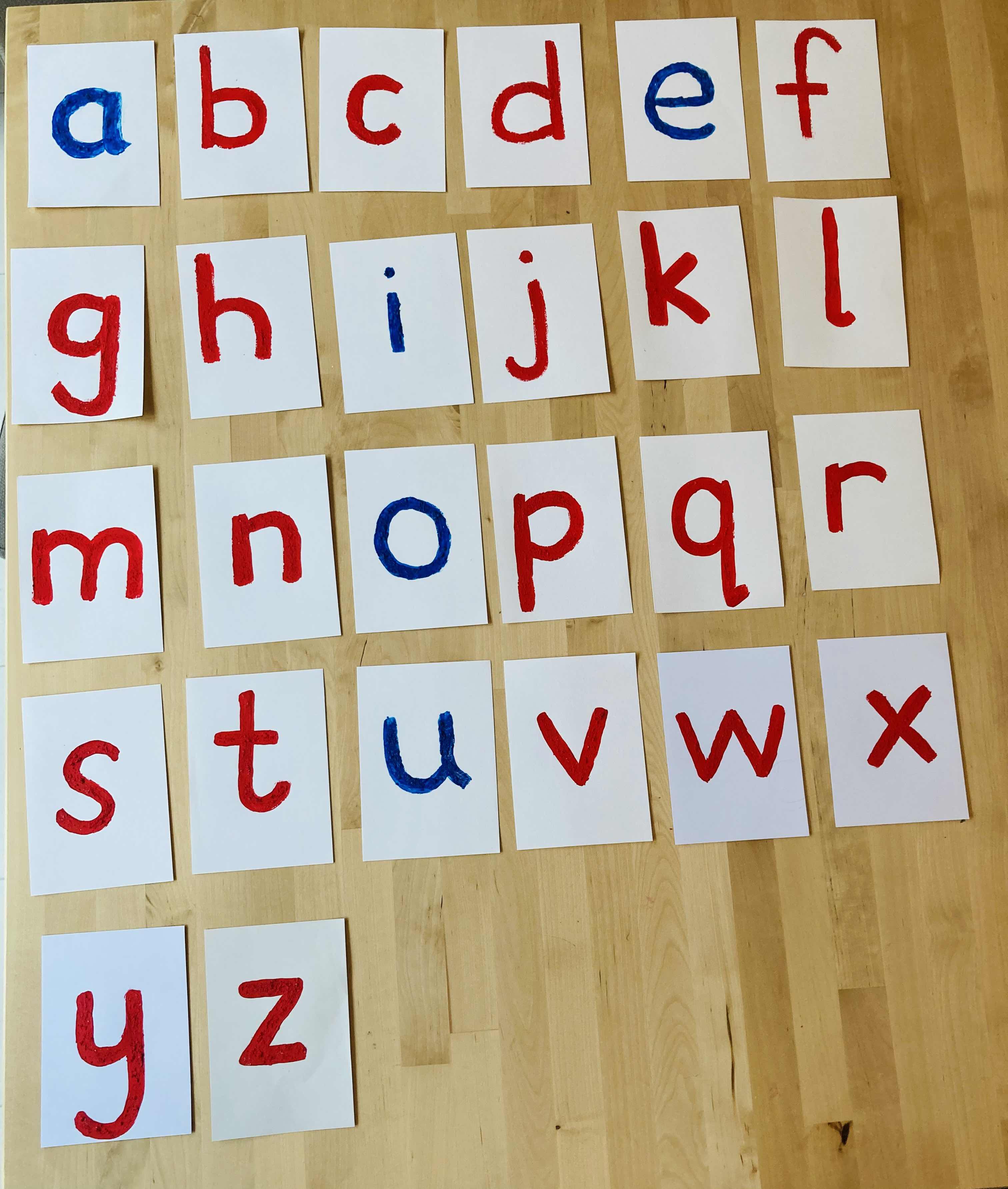 alphabet of Montessori red and blue letter cards