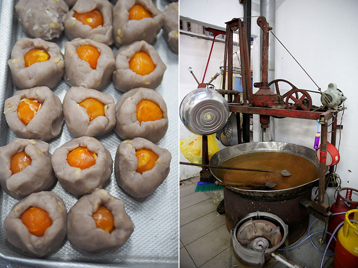 The yam paste filling is prepared ahead with a piece of steamed salted egg yolk (left). The lotus paste for the mooncake is cooked in a huge wok, batch by batch to keep it fresh (right).