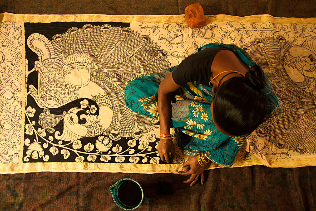 Kalamkari, woman working on dye, work in progress,  Andhra Pradesh, Telangana