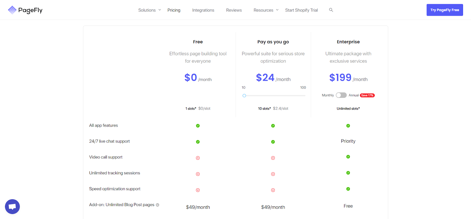 PageFly pricing screenshot
