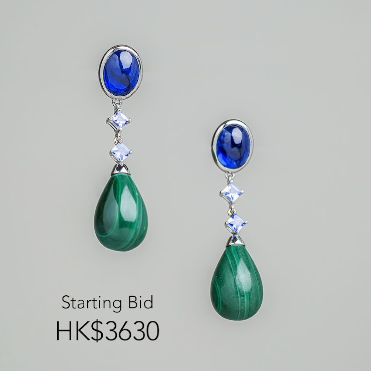 Reconsititute  blue sapphire, Tanzinate and Malachite in 925 silver 
Retail Price: HK$ 5,900

More info:
https://www.ame-gallery.com/product-page/10x10-silent-auction-sapphire-malachite-earrings