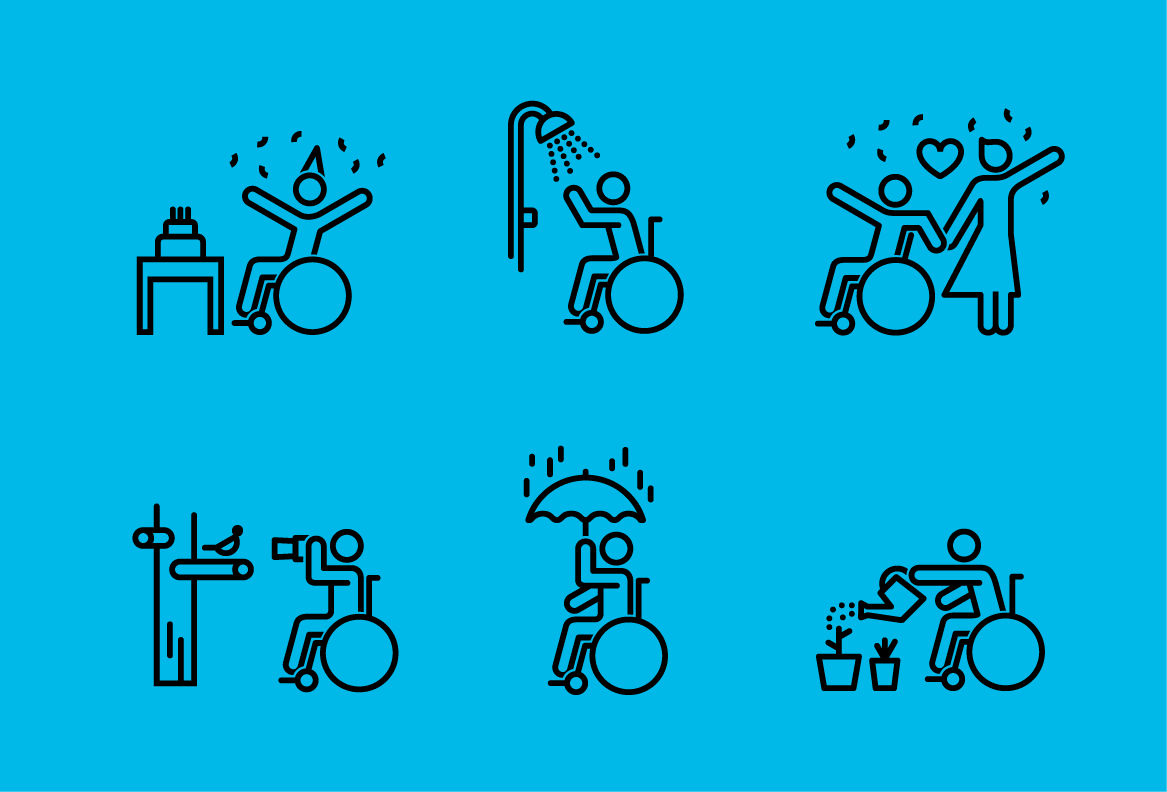 Collection of icons depicting a disabled person in a wheelchair performing common activities like taking a shower, watering a garden, sitting in the rain with an umbrella, or getting married and celebrating a birthday. 