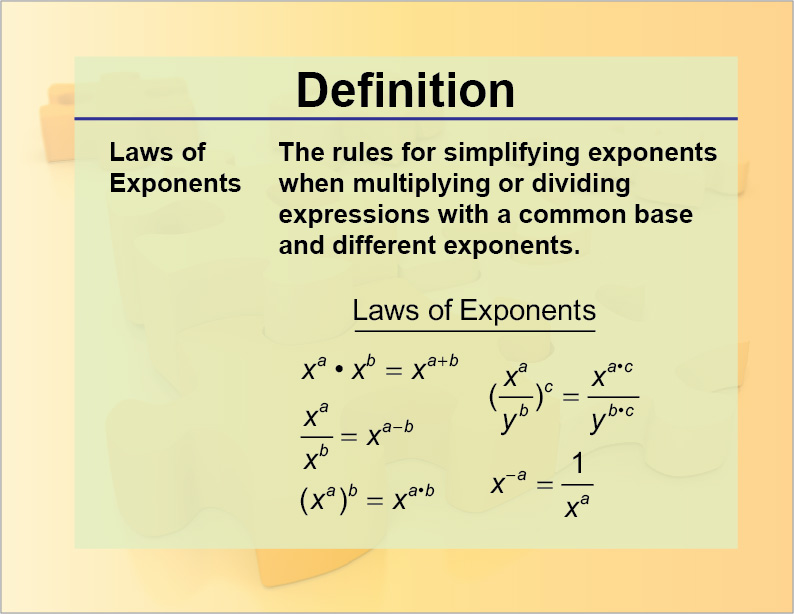 Laws of Exponents. 
The rules for simplifying exponents when multiplying or dividing expressions with a common base and different exponents.