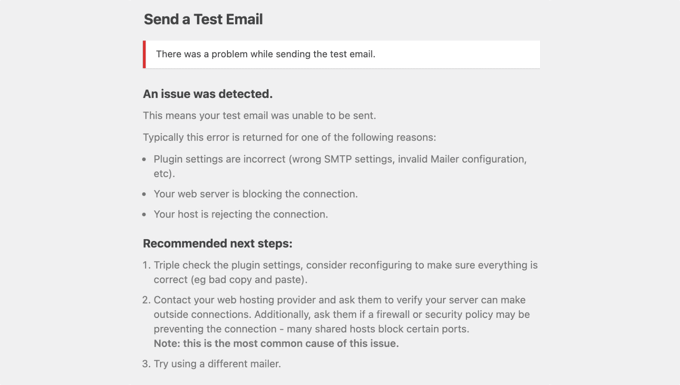 Notificação de falha de SMTP do WP Mail