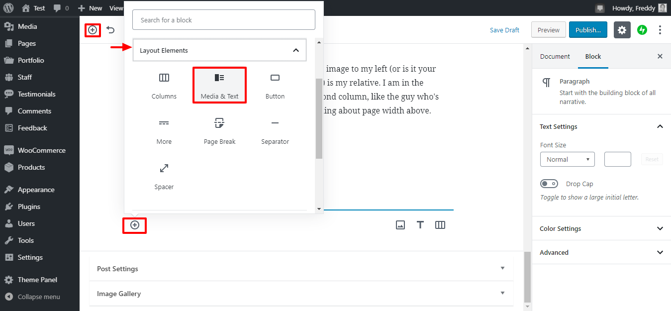 bloco de mídia e texto gutenberg