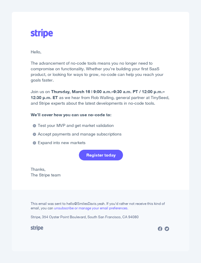 Screenshot of a simple and straightforward webinar invitation email from Stripe