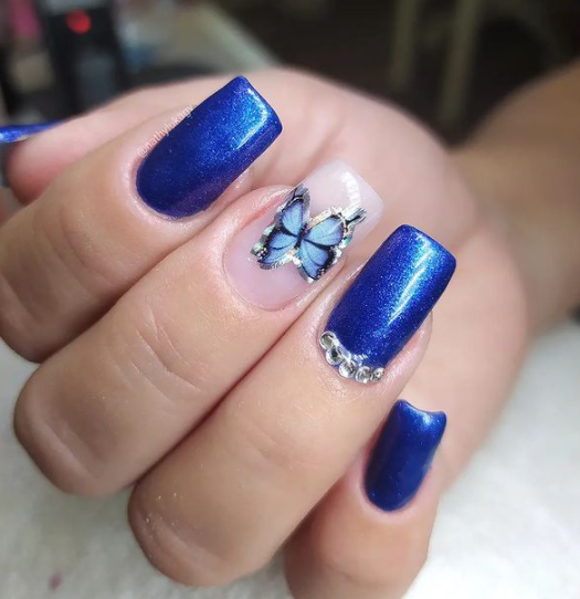 Stoned Blue Butterfly Nail Design