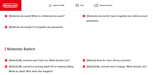 Nintendo FAQ page