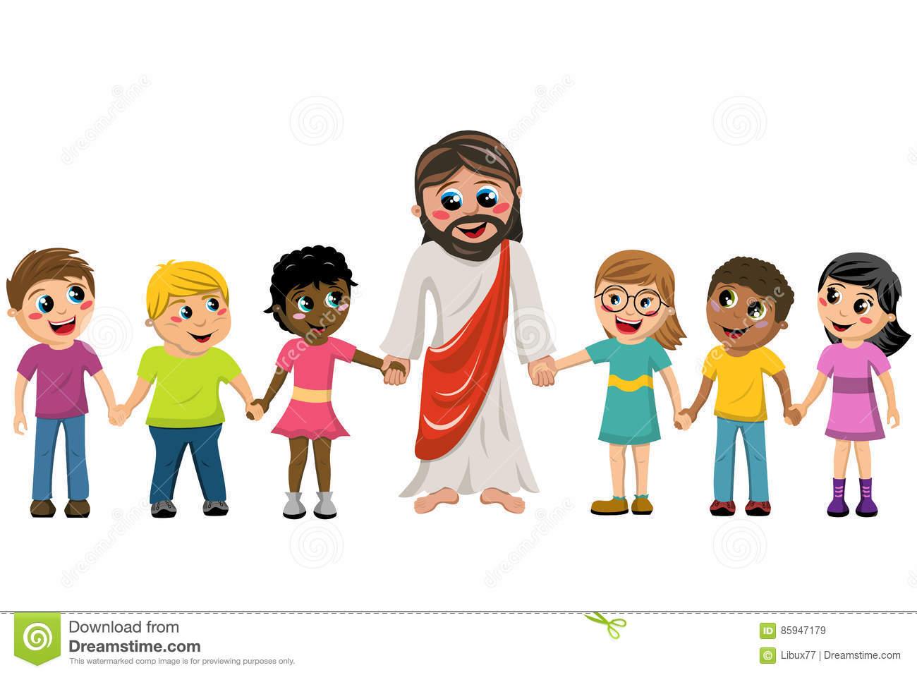 Cartoon Jesus hand in hand kids children