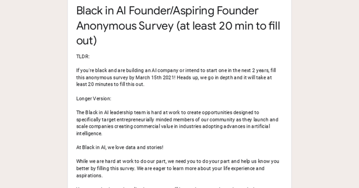 Black in AI Founder/Aspiring Founder Anonymous Survey (at least 20 min to fill out)