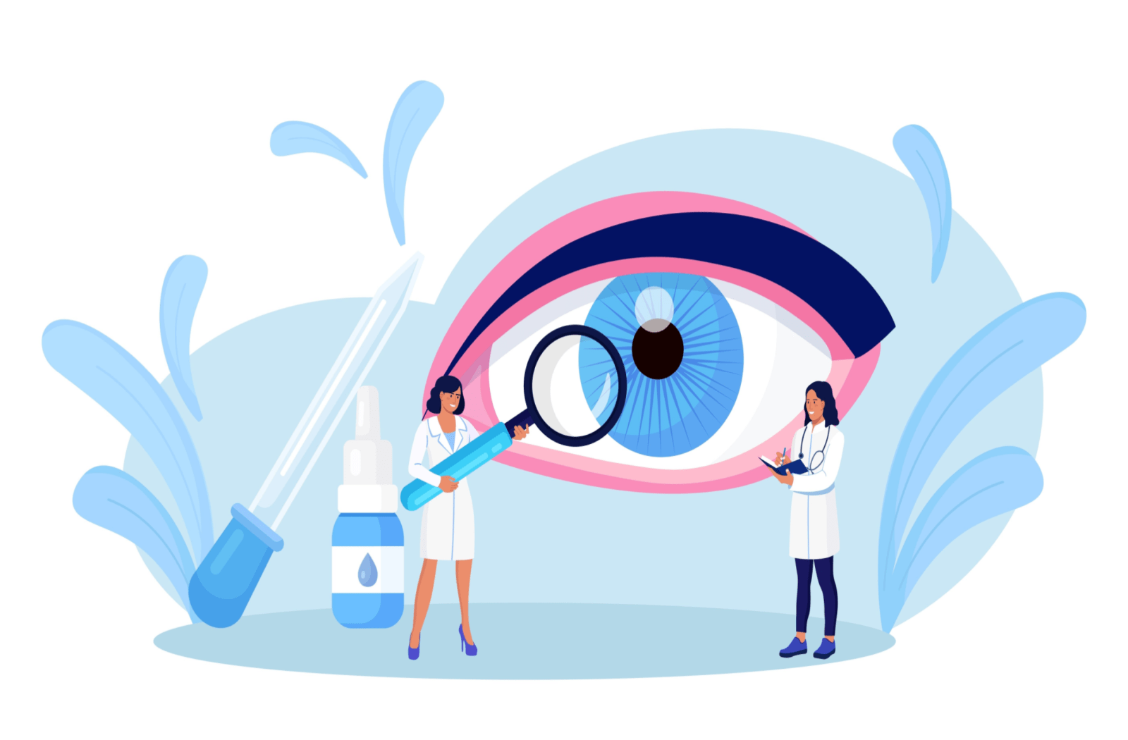 Illustration to represent optometrists checking and diagnosing pink eye