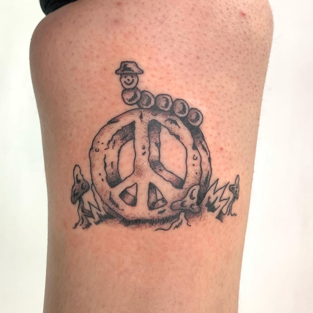 Unique Peace With Caterpillar Tattoo Design