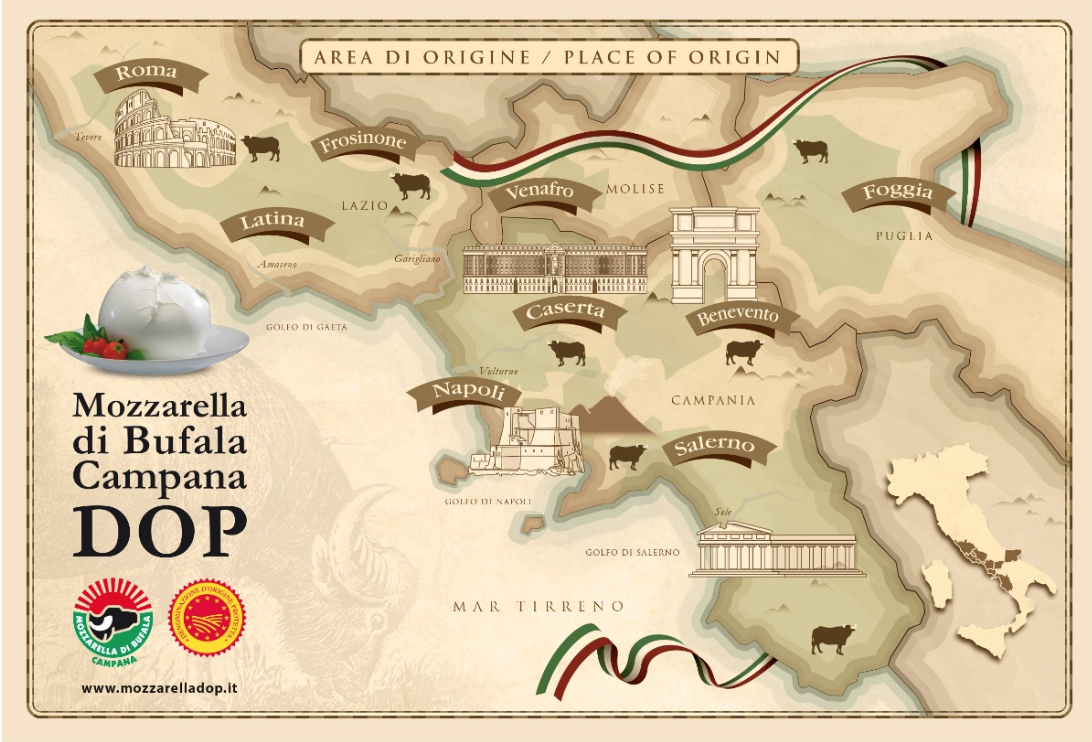 Map of mozzarella di bufala DOP cheese production areas in Italy.  