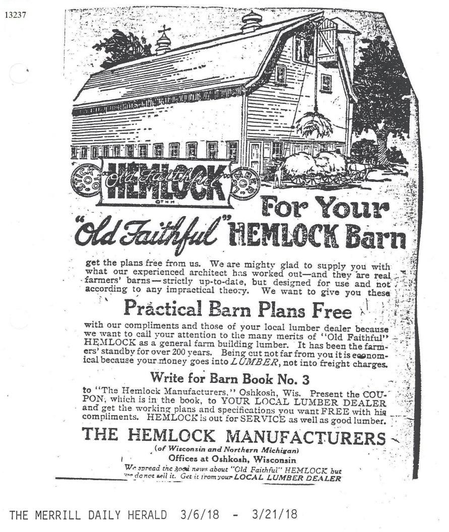 C:\Users\Robert P. Rusch\Desktop\II. RLHSoc\Documents & Photos-Scanned\Rib Lake History 13200-13299\13237-Merrill Daily Herald 3-6-1978 ad; Old Faithful Hemlock; for your “Old Faithful” hemlock barn.jpg