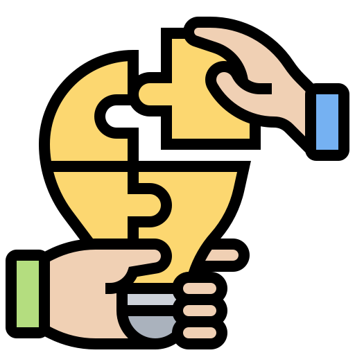 Illustration of puzzle pieces forming lightbulb held by two hands.