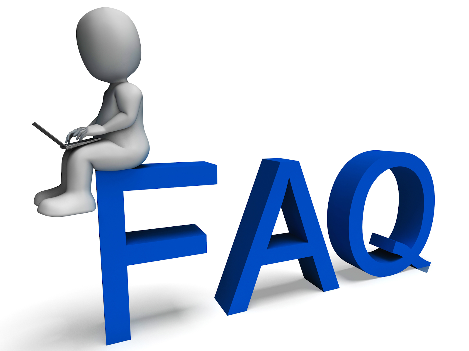 A photo showing the letters F-A-Q while an animated person sits on top of the letter F while using its laptop.