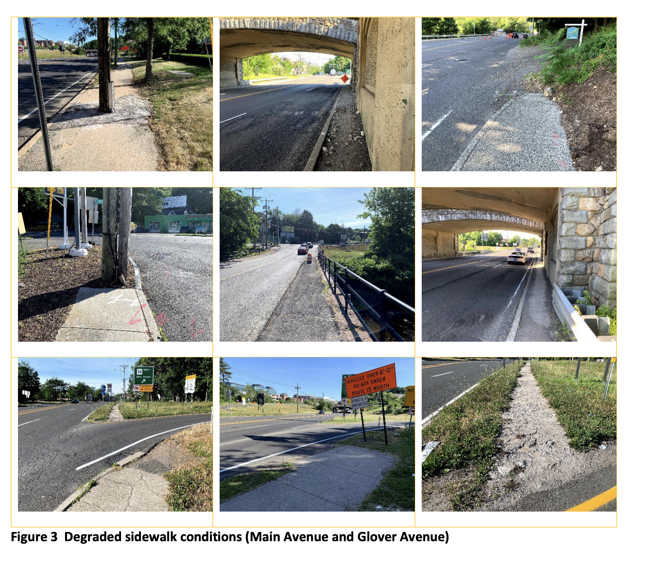 Photos showing bad sidewalks along Main Avenue and Glover Avenue