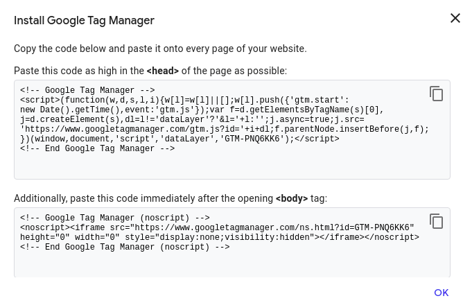 Google tag manager kodu için örnek ekran görüntüsü.