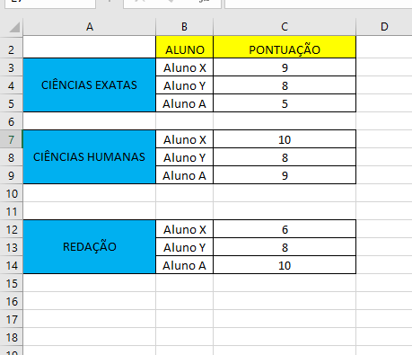 Funções Excel =SOMASE exemplo notas alunos