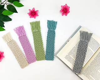 five easy crochet bookmarks with fringe on white background with book and flowers