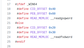 Screenshot of white oak security’s code of the READ_MEMLOC() call is implemented via a preprocessor define statement, pointing to either __readfsdword or __readgsqword depending on the select architecture (x86/x64)