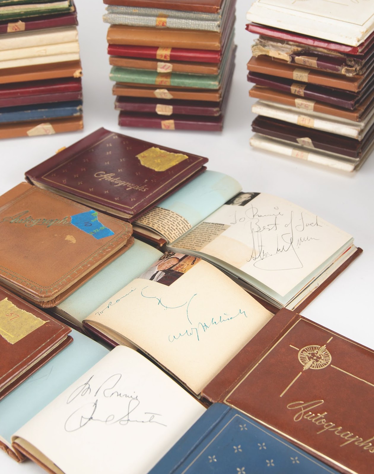 Extensive autograph archive of over 30 albums featuring signatures and signed photographs. Highlights from this collection include Audrey Hepburn, Steve McQueen, and Judy Garland. This impressive collection closed at a high bid of $124,781 at RR Auction.