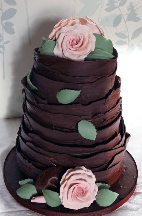 Brown Chocolate Wedding Cake with Leaves and Roses