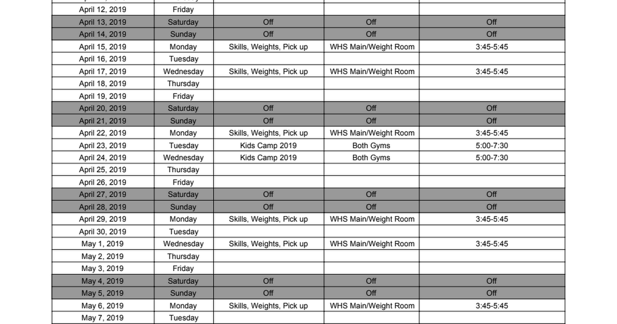 Spring/Summer Schedule 2019 Google Sheets