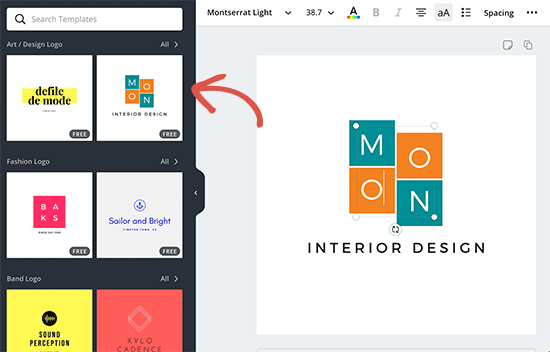 Escolhendo um modelo de logotipo e editando-o no Canva