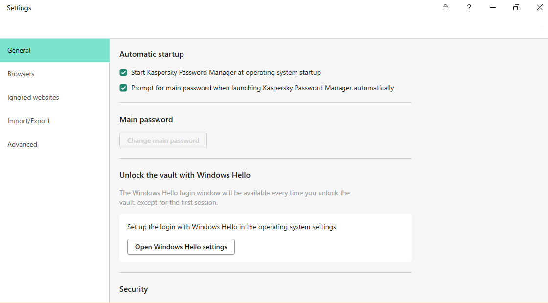 Kaspersky Password Manage Settings